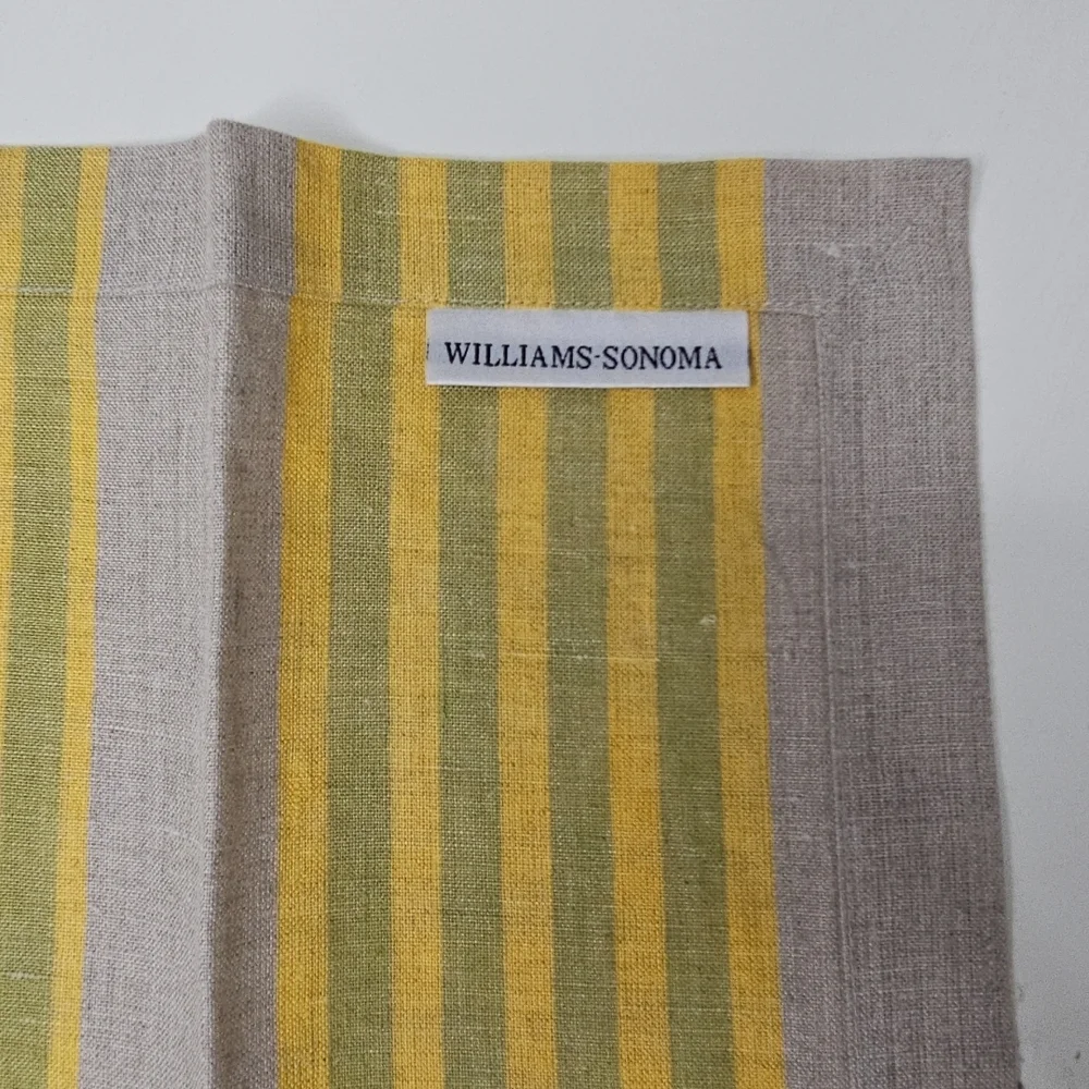 Williams Sonoma Set/4 100% Linen Dinner Napkins Neutral Tan Yellow Green Stripe